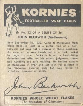 1959 Kornies VFL Footballer Swap Cards #22 John Beckwith Back